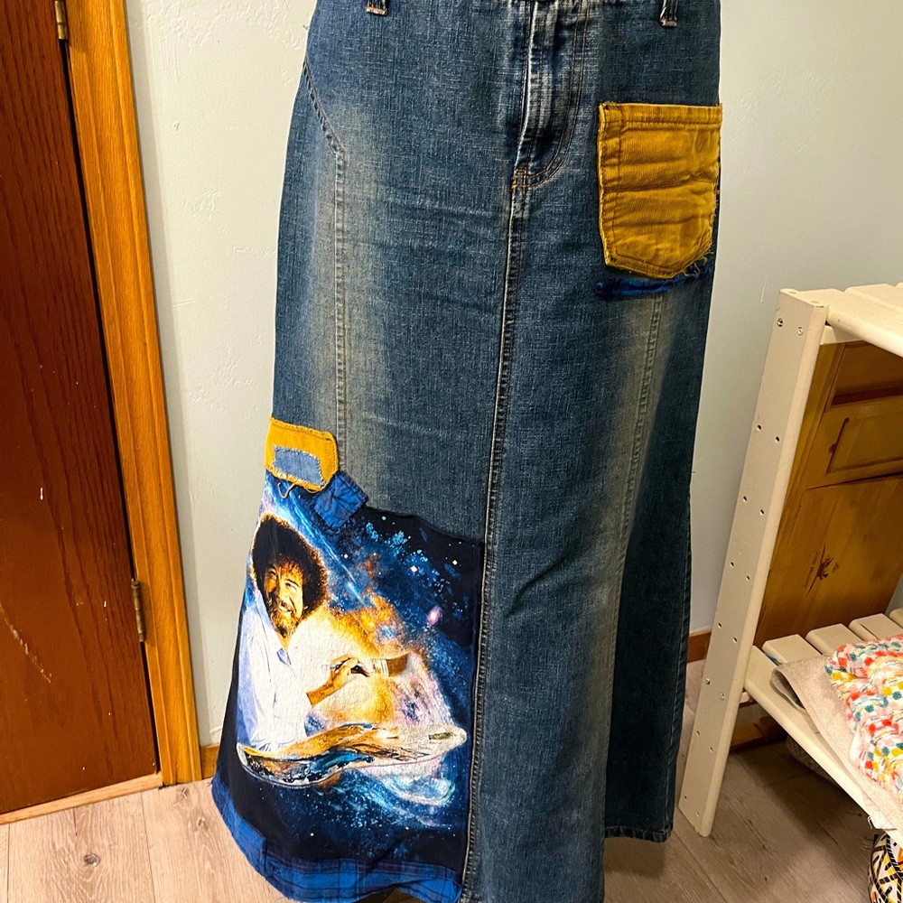 Long Denim Skirt Size 9 with vintage Bob Ross Tshirt and other patchwork